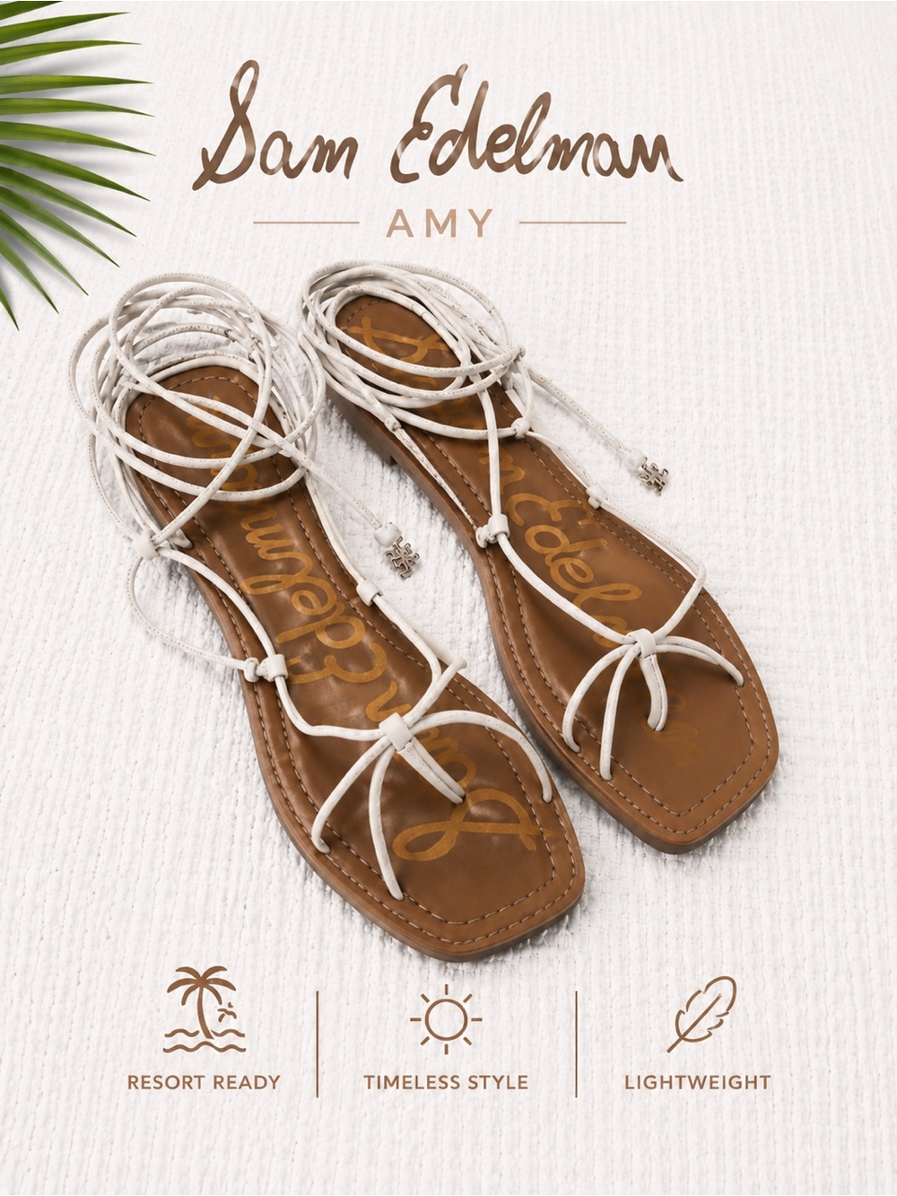 Sam Edelman Amy White Leather Lace-Up Flat Sandals Size 7.5 Resort Boho